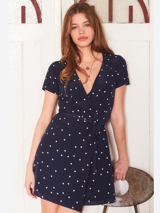 Sezane Dresses & Skirts - Sezane Anastasia Silk Wrap Dress Navy and White Polka Dot Mini Dress 38